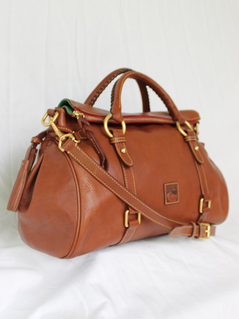 Dooney & Bourke Natural tan leather Florentine satchel tassel purse crossbody L - Picture 5 of 11